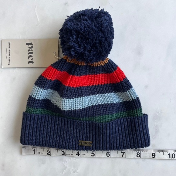 Pact Kids 100% Cotton Knit Pom Pom Beanie Hat Blue Red Stripes OS NWT - Picture 7 of 8